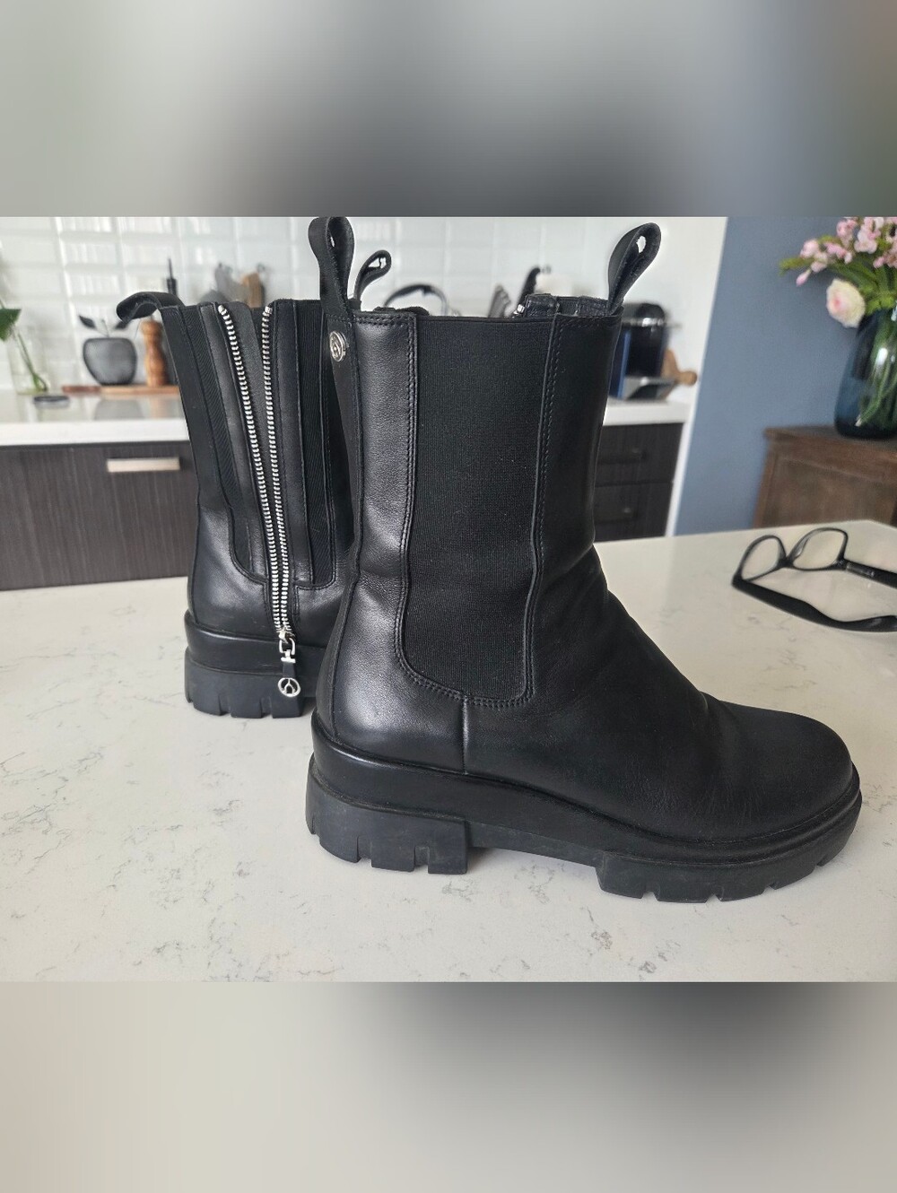 Wishbone Black Leather Platform Chelsea Boots with zippers.